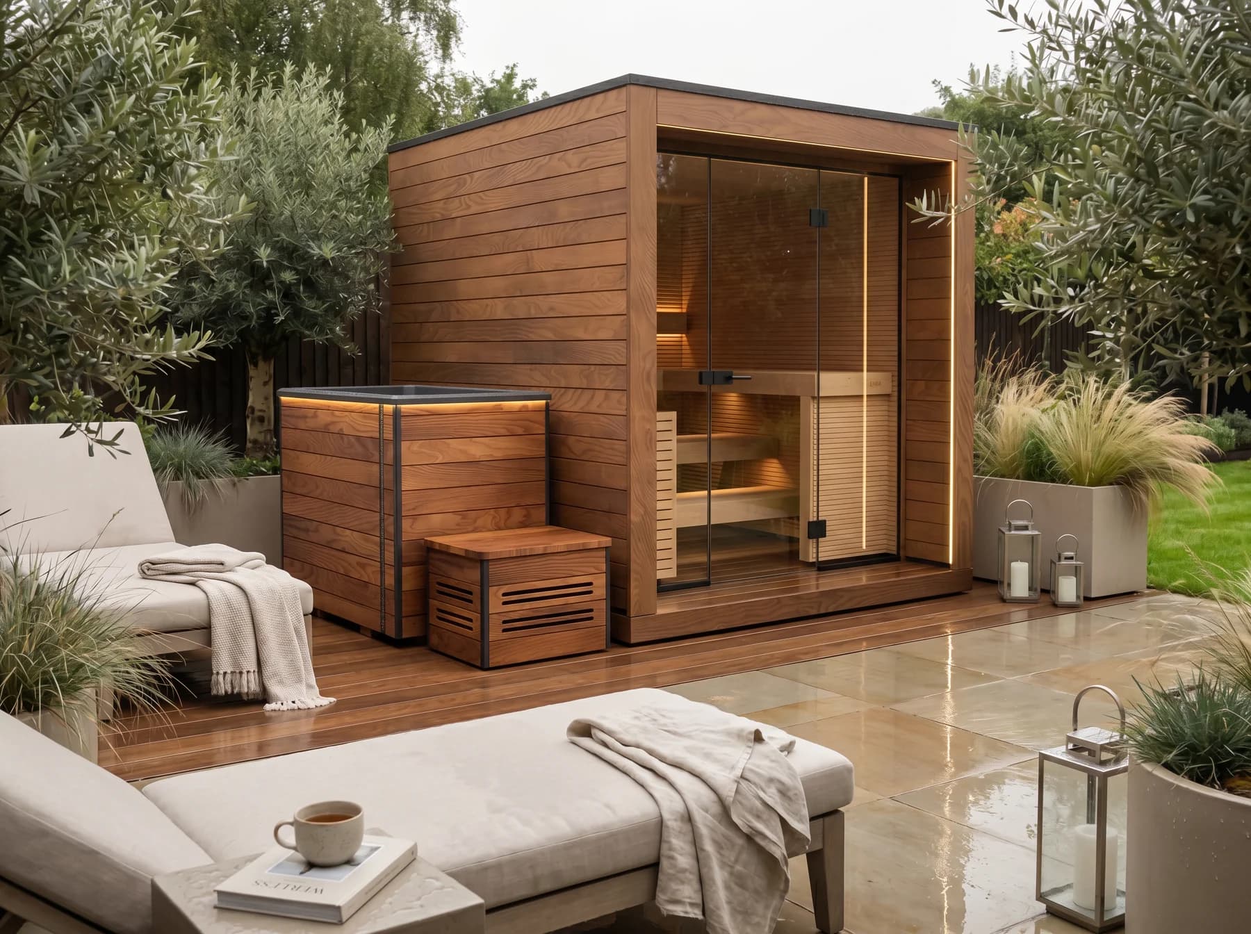 Wood-clad Auroom cold plunge beside a glass-front outdoor sauna on a rain-wet patio