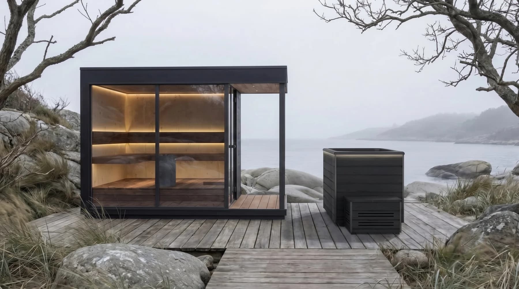 An Auroom sauna and cold plunge on a wooden deck by a cold, gray sea