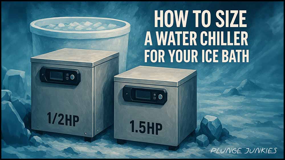 Two water chillers labeled 1/2HP and 1.5HP in front of a cold plunge tub, set in a frosty environment