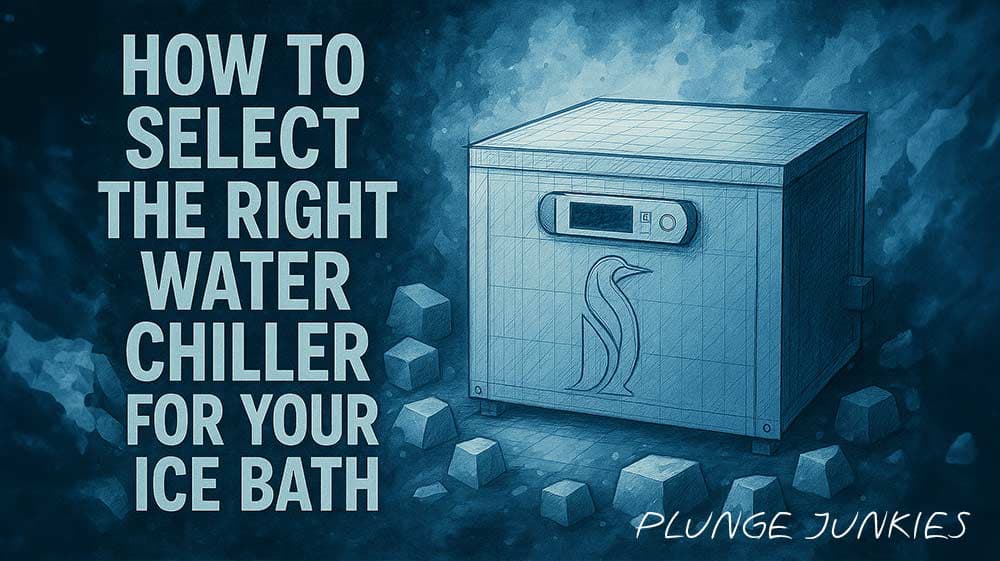 Technical sketch of an ice bath chiller unit with digital controls, icy background, and “how to choose the right chiller” title—ideal for cold plunge setup planning.