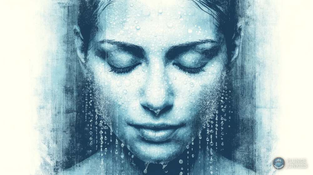 woman with minor acne scars close up on face in cold shower