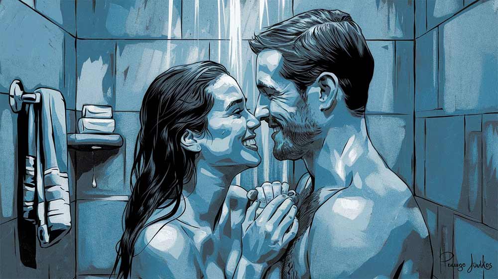 Man and women taking a cold shower before intimacy