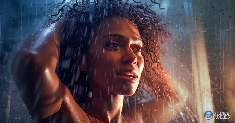 women soothing hot flash in cold shower